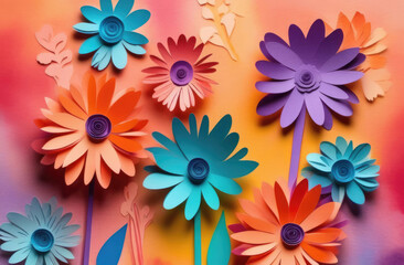 Fototapeta na wymiar Colorful paper flowers on a multicolored background, close-up