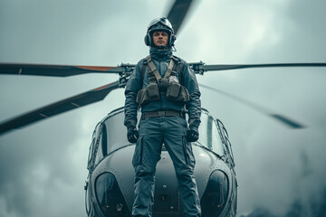 A male pilot stands near a helicopter