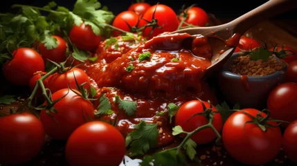 Fotobehang Wooden spoon with tomato sauce UHD wallpaper © Ghulam