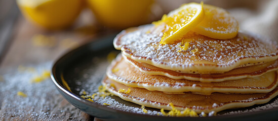 Lemon pancakes sprinkled with powdered sugar and lemon zest - obrazy, fototapety, plakaty