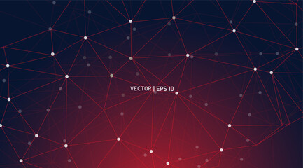 Abstract connected dots and lines on a red background. Science, Hitech, molecular, futuristic technology, digital technology concept. Suitable for banner, backdrop, presentation, trading - obrazy, fototapety, plakaty