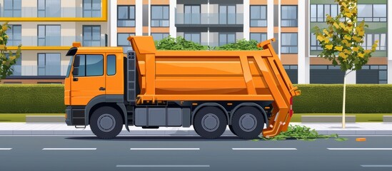 Municipal garbage truck with mounted trash bin for removing large-sized garbage, including construction debris.