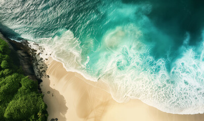 Fototapeta na wymiar Aerial top view amazing beach with clear white sand and perfect nature, green forest peaceful.