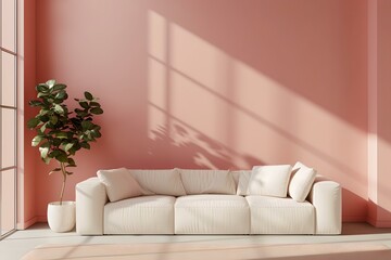 Fototapeta na wymiar Elegant living room interior with comfortable sofa and plant. minimalist style decor with sunlight. contemporary home design. AI