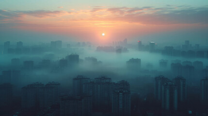 Obraz premium Aerial view of Asian city full of Smoke and smog from PM 2.5 dust, Cityscape of buildings with bad weather and air pollution, Toxic haze in the city, Unhealthy air pollution dust, environment problem.
