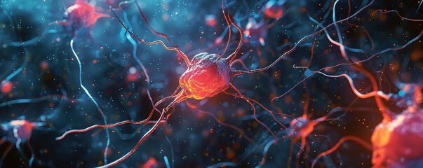 neurons live impulses of a neural network transmitted along nerves - obrazy, fototapety, plakaty