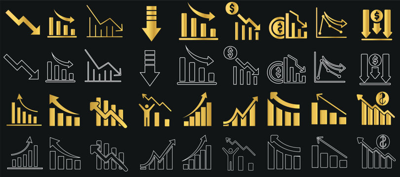 Growth, decline vector icons, business progress indicators, financial graphs showing increase, decrease trends. Perfect for web design, presentations, infographics on black background
