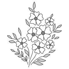 Bouquet of wild flowers in folk style design element. Floral pattern on white background. Hand drawing vector illustration. Graphic design of spring flowers. Monochrome black and white design tattoo.
