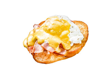 Brioche sandwich with bacon, egg Benedict and hollandaise sauce.  Isolated, Transparent background.