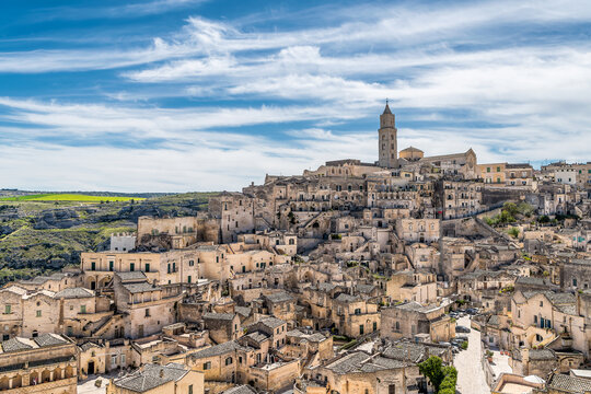 Scenic view of the city of Matera in Italy against dramatic sky
