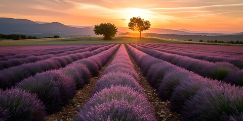 Breathtaking lavender fields at sunset, a serene landscape for relaxation and wallpapers. vibrant nature photography. AI