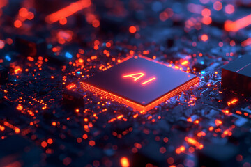 An advanced AI microchip glows with a neon red light, symbolizing the power and complexity of artificial intelligence technology, as it sits embedded in a circuit board