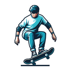 Man playing skateboard vector illustration, skateboarding sport game male player in action flat design style template isolated on white background