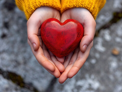The image depicts hands holding a red heart, representing healthcare, love, and organ donation. It also symbolizes mindfulness, wellbeing, family insurance, and corporate social responsibility (CSR)