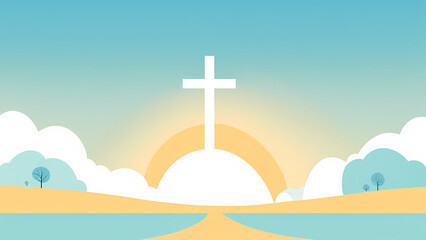 Easter Sunday with cross symbol blue background. Christian day illustration template for poster, presentation, banner, social media. - obrazy, fototapety, plakaty
