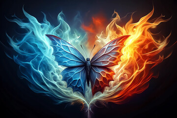 Butterfly in fire and ice, heat and cold, elements, surrealistic art, fantasy