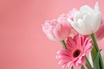 Elegant spring flowers arrangement on a soft pink background, perfect for greetings. AI