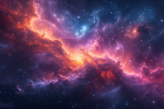 A maximalist representation of the cosmos unfolds with swirling galaxies of intense hues, capturing the awe-inspiring beauty and complexity of the universe in a kaleidoscope. Generative Ai.