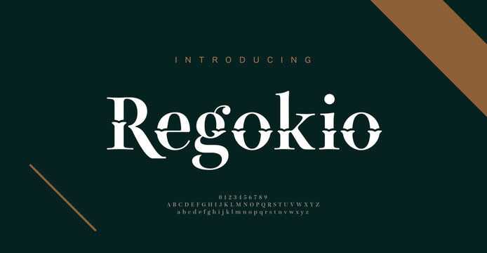 REGOKIO Elegant alphabet letters font and number. Classic Lettering Minimal Fashion Designs. Typography modern serif fonts regular decorative vintage concept. vector illustration
