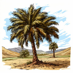 Lush Palm Trees in Arid Desert Landscape Illustration

