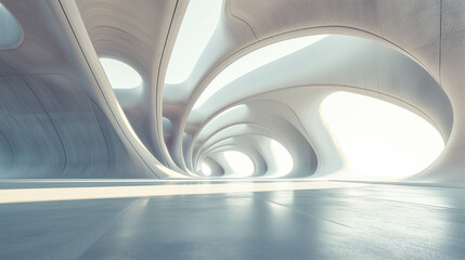 abstract wavy futuristic architecture with concrete floor