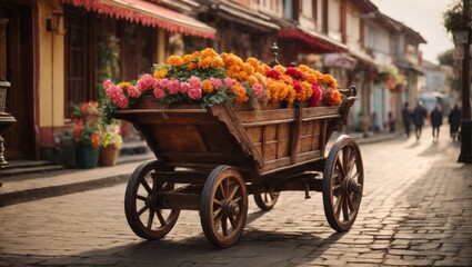 Fototapeta na wymiar Flowers in a wooden cart
