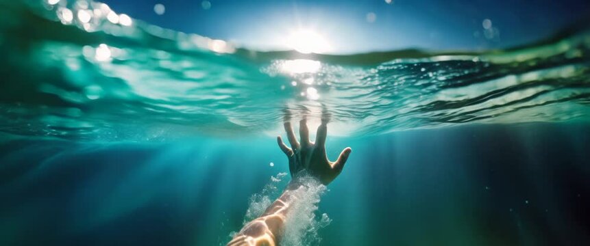 Reaching for the Surface Underwater. A single hand reaches towards the sunlight piercing through the water's surface, depicting a struggle for air