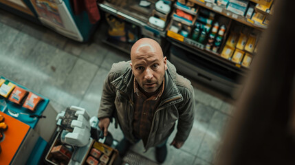 Fototapeta na wymiar Petrol Station Checkout Scene: Mature Bald Customer Pays