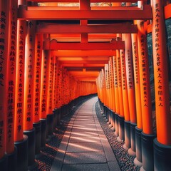 The red torii gates walkway path at fushimi inari taisha shrine the one of attraction landmarks for tourist in Kyoto, Japan - obrazy, fototapety, plakaty