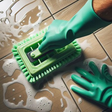 Top view of a human hand are using a green color plastic floor scrubber to scrub the tile floor with a floor cleaner
