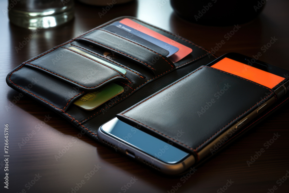 Poster a next-generation wallet seamlessly connected to a mobile payment app, offering users a sophisticate