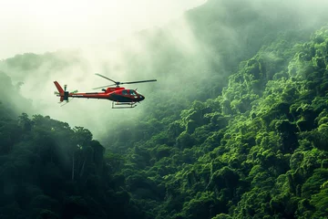 Tuinposter Rescue helicopter flying above rainforest searching missing person incident . Saving forests, fighting forest fires . © sattawat