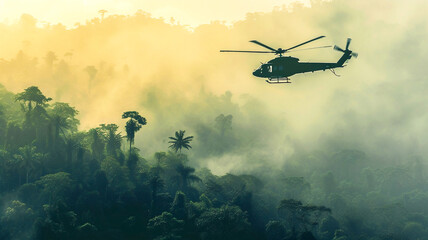 Rescue helicopter flying above rainforest searching missing person incident . Saving forests, fighting forest fires .