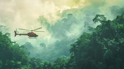 Fototapeta na wymiar Rescue helicopter flying above rainforest searching missing person incident . Saving forests, fighting forest fires .