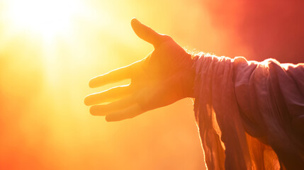 Jesus Christ extends a helping hand, invitation to accept faith and salvation and forgiveness concept