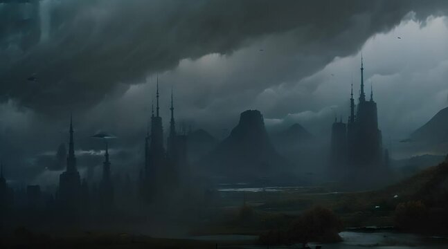 post-apocalyptic landscape with mountains and dark city in rain 