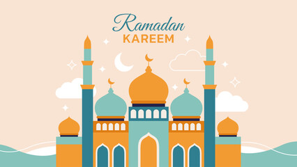 Ramadan kareem mosque with moon, stars, clouds in flat modern style. Islamic banner template. Vector illustration