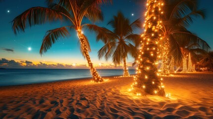 A tropical Christmas wonderland with palm trees adorned in twinkling lights, sandy shores, and a warm, starlit sky. 