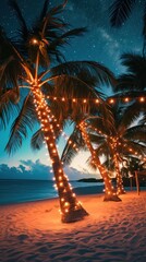 A tropical Christmas wonderland with palm trees adorned in twinkling lights, sandy shores, and a warm, starlit sky. 