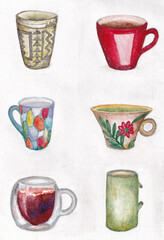Watercolor sketch of different cups. Dishes for different drinks. A metaphorical card for associative work with a psychologist. Mugs for tea and coffee on light background.