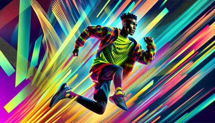 A vibrant, dynamic illustration of a man running, surrounded by an explosion of abstract, colorful geometric shapes, conveying motion and energy.Fashion concept. AI generated.
