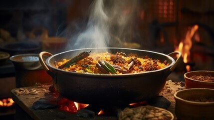 Fototapeta premium Mid-stir shot of a curry being prepared in a traditional cauldron, emphasizing the blend of aromatic spices