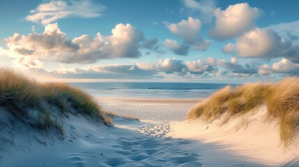 Naklejka premium Panoramic beauty of a dune beach on the island. Coastal serenity, natural allure.