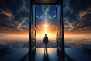 A wide-open door with a person stepping through, illustrating the transformative journey and newfound freedom on the other side. Generative Ai.