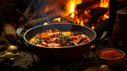 Mid-stir shot of a curry being prepared in a traditional cauldron, emphasizing the blend of aromatic spices