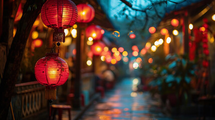 Happy chinese new year concept. hanging beautiful red lantern and flowers on red background with Copy space.	