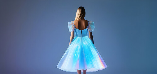 A girl in a halographic, neon dress. Fashion of the future.