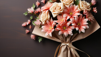 A bouquet of flowers in a craft wrapper on a dark background