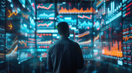 Obraz premium Portfolio manager overseeing financial investment accounts, following stock market global exchange trends. surrounded by digital screens displaying statistics and graphs, generative ai
