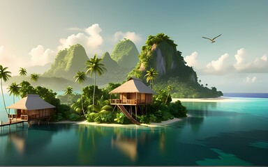 Exotic landscape of a tropical island with a hut, printable wallpaper, digital Ai Generated  art